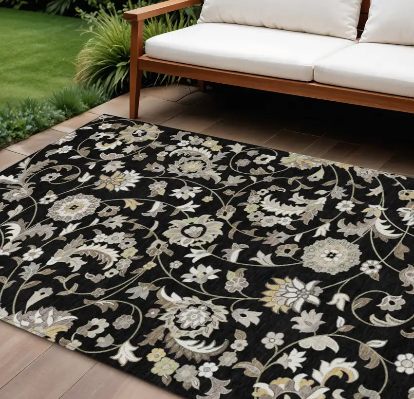 Black Beige And Ivory Floral Washable Indoor Outdoor Area Rug Photo 1