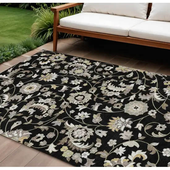 Black Beige And Ivory Floral Washable Indoor Outdoor Area Rug Photo 1
