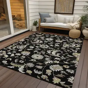 Photo of Black Beige And Ivory Floral Washable Indoor Outdoor Area Rug