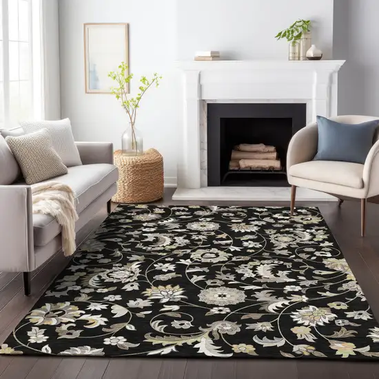 Black Beige And Ivory Floral Washable Indoor Outdoor Area Rug Photo 8