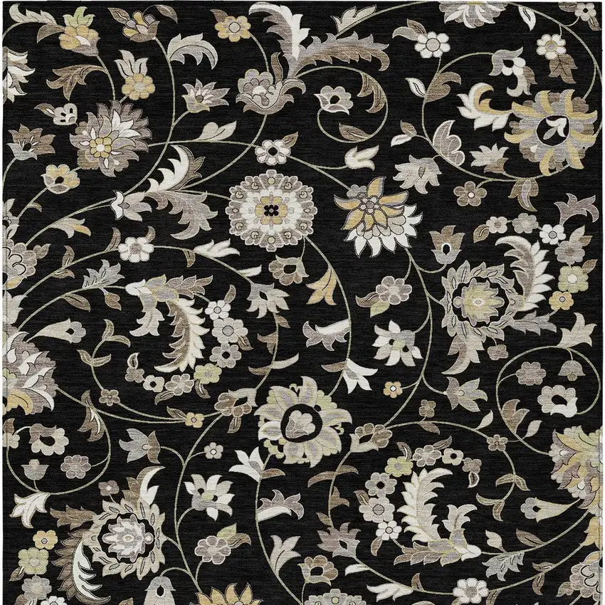 Black Beige And Ivory Floral Washable Indoor Outdoor Area Rug Photo 6