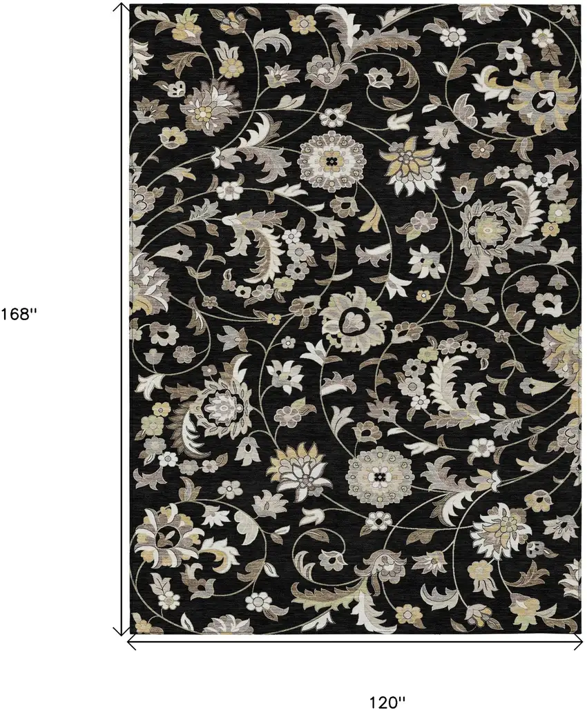 Black Beige And Ivory Floral Washable Indoor Outdoor Area Rug Photo 3