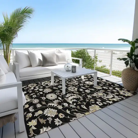 Black Beige And Ivory Floral Washable Indoor Outdoor Area Rug Photo 9