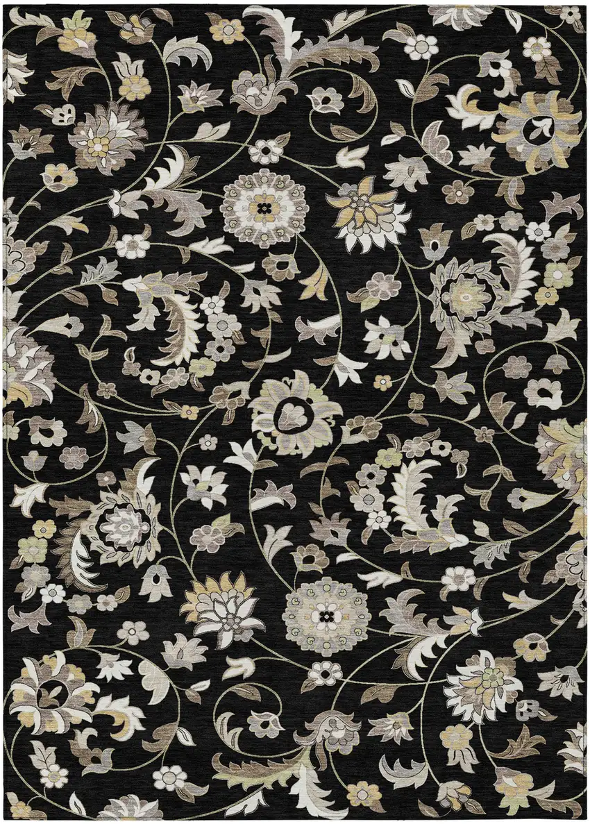 Black Beige And Ivory Floral Washable Indoor Outdoor Area Rug Photo 2