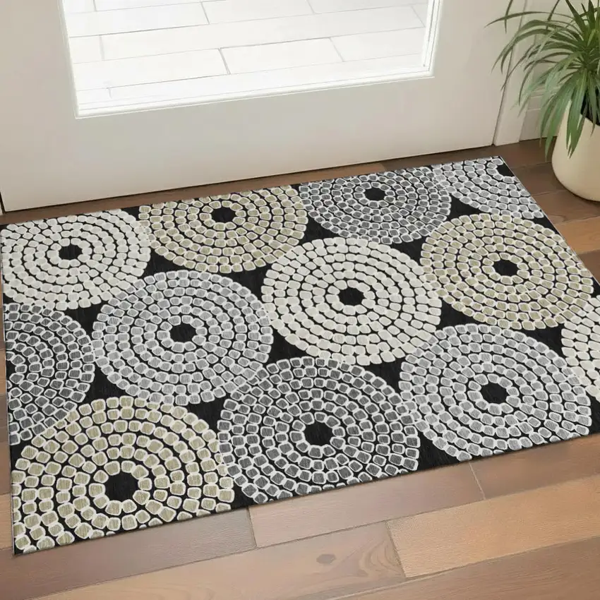Black Beige And Ivory Geometric Washable Area Rug With UV Protection Photo 1