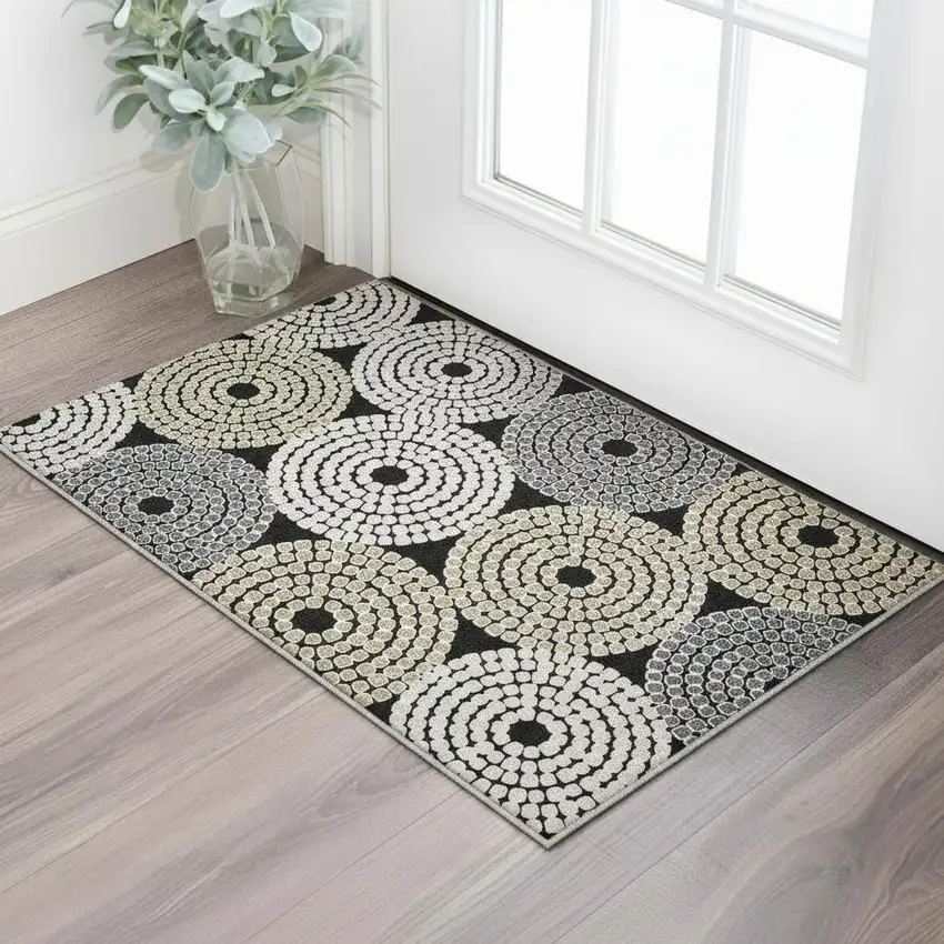 Black Beige And Ivory Geometric Washable Area Rug With UV Protection Photo 2