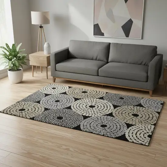 Black Beige And Ivory Geometric Washable Area Rug With UV Protection Photo 2