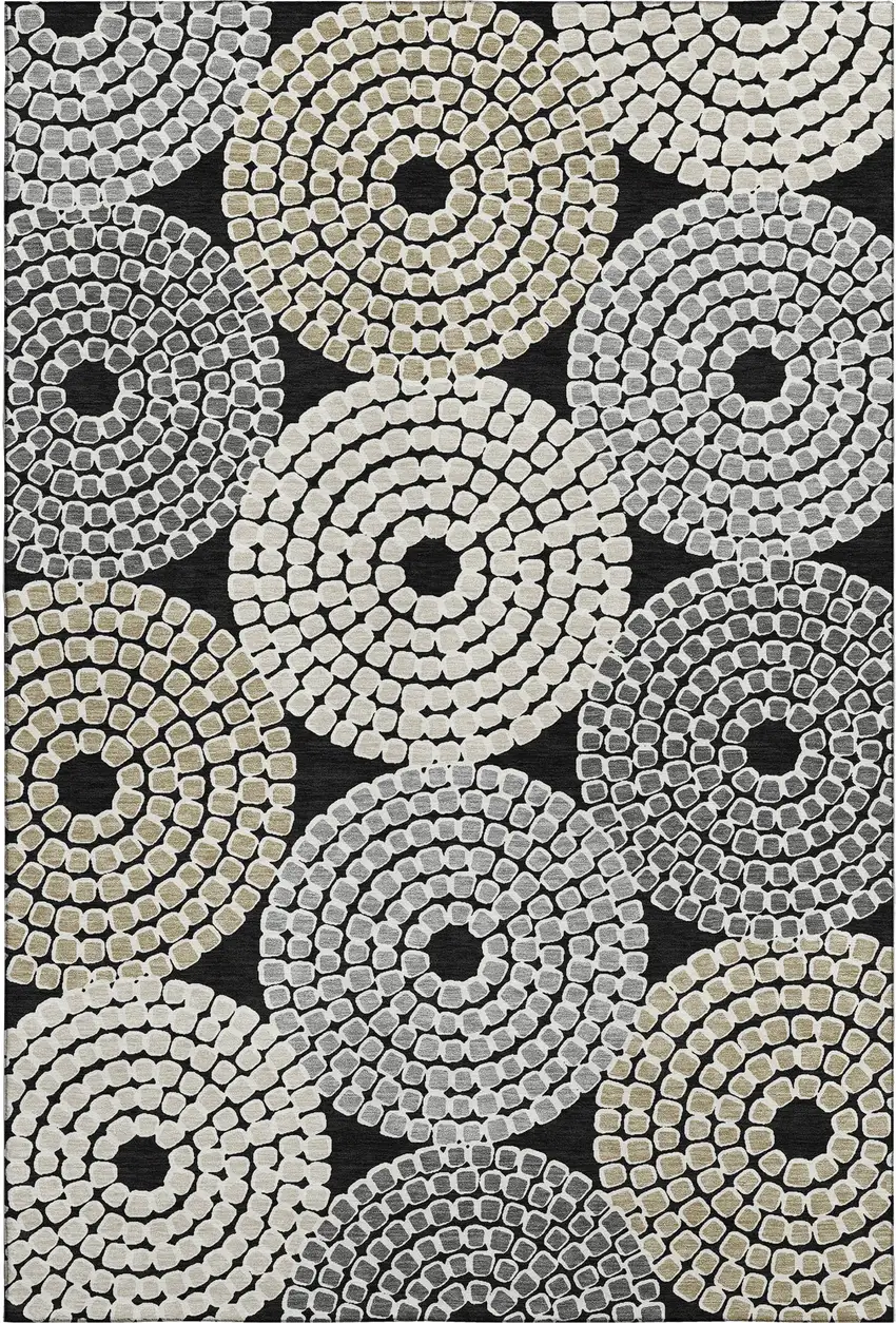 Black Beige And Ivory Geometric Washable Area Rug With UV Protection Photo 1