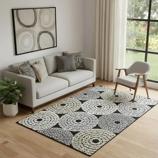 Black Beige And Ivory Geometric Washable Area Rug With UV Protection Photo 1