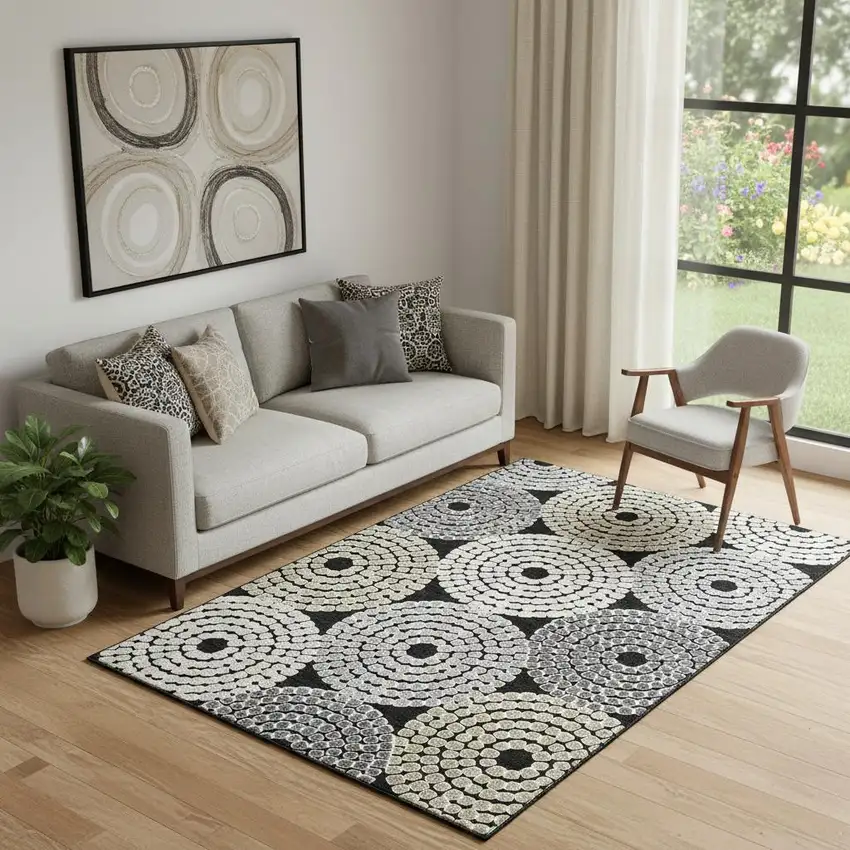 Black Beige And Ivory Geometric Washable Area Rug With UV Protection Photo 1