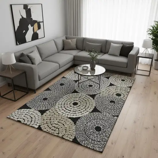 Black Beige And Ivory Geometric Washable Area Rug With UV Protection Photo 2