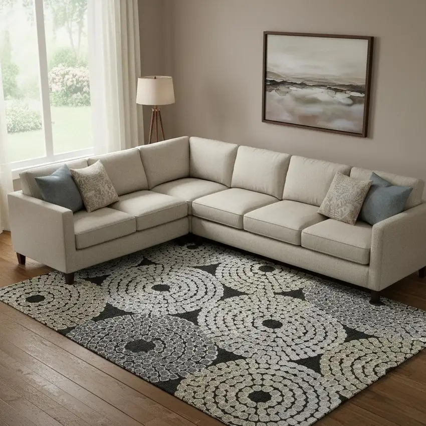 Black Beige And Ivory Geometric Washable Area Rug With UV Protection Photo 1