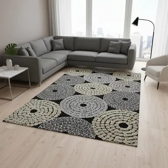 Black Beige And Ivory Geometric Washable Area Rug With UV Protection Photo 2