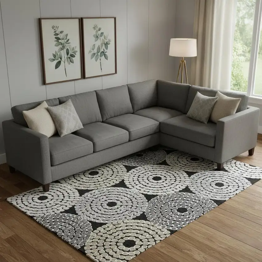 Black Beige And Ivory Geometric Washable Area Rug With UV Protection Photo 1