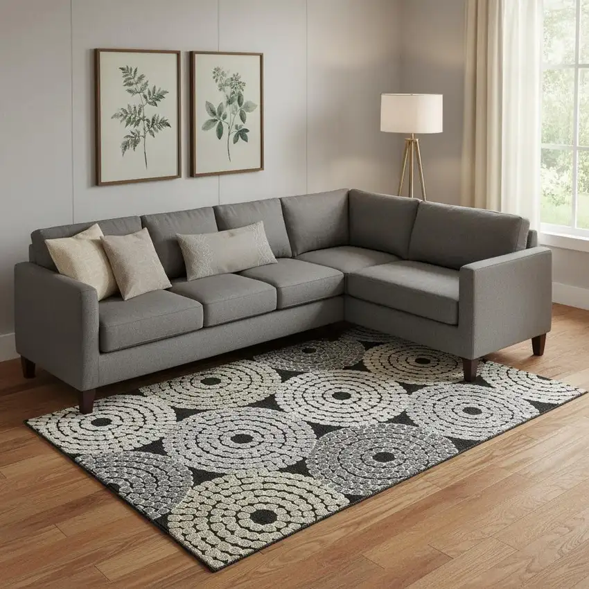 Black Beige And Ivory Geometric Washable Area Rug With UV Protection Photo 1