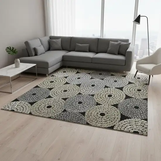 Black Beige And Ivory Geometric Washable Area Rug With UV Protection Photo 2