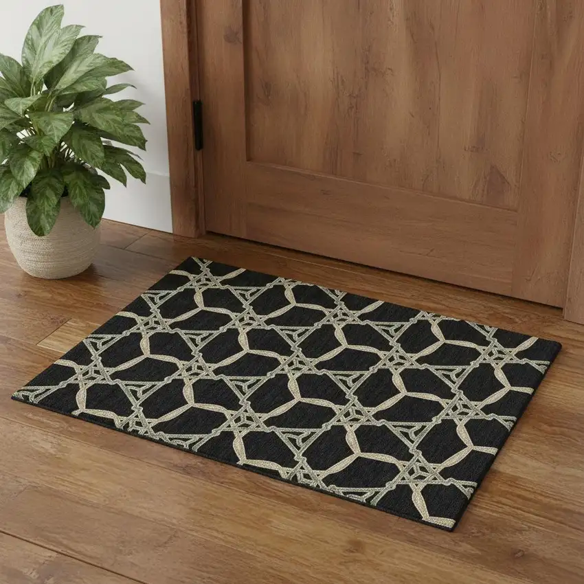 Black Beige And Ivory Geometric Washable Area Rug With UV Protection Photo 1