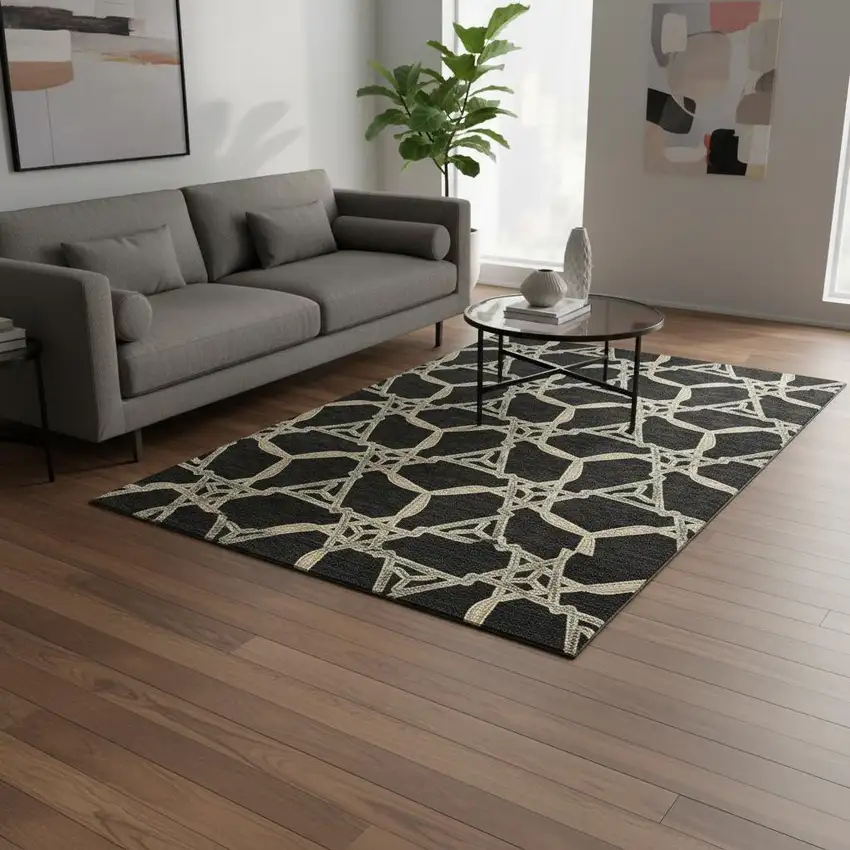 Black Beige And Ivory Geometric Washable Area Rug With UV Protection Photo 2