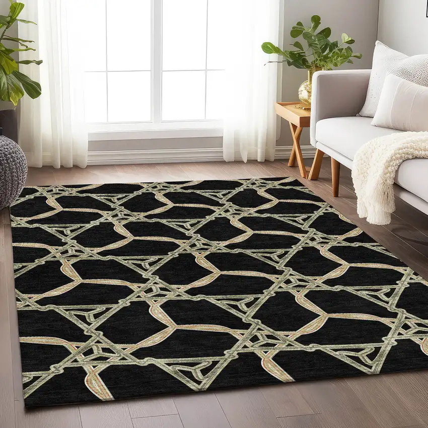 Black Beige And Ivory Geometric Washable Area Rug With UV Protection Photo 4