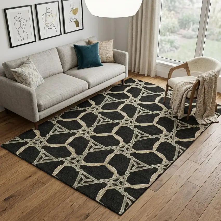 Black Beige And Ivory Geometric Washable Area Rug With UV Protection Photo 1