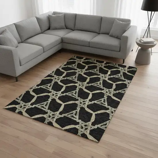 Black Beige And Ivory Geometric Washable Area Rug With UV Protection Photo 2