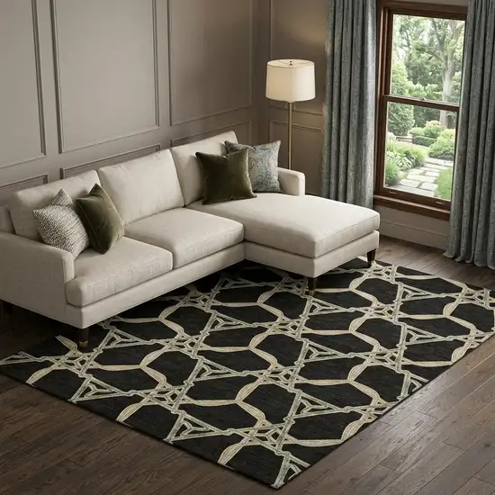 Black Beige And Ivory Geometric Washable Area Rug With UV Protection Photo 1