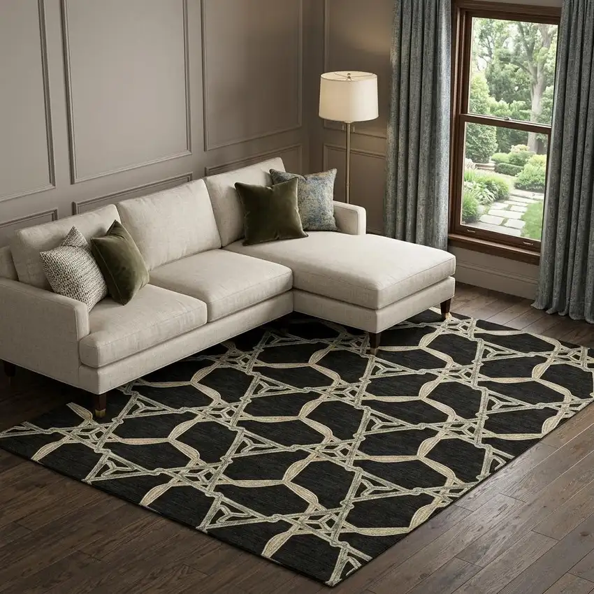 Black Beige And Ivory Geometric Washable Area Rug With UV Protection Photo 1