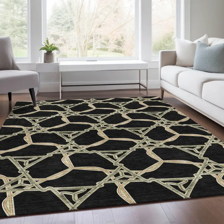 Black Beige And Ivory Geometric Washable Area Rug With UV Protection Photo 5
