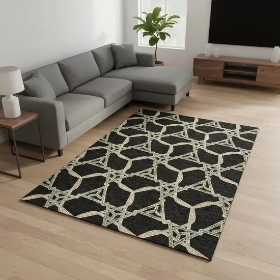 Black Beige And Ivory Geometric Washable Area Rug With UV Protection Photo 2