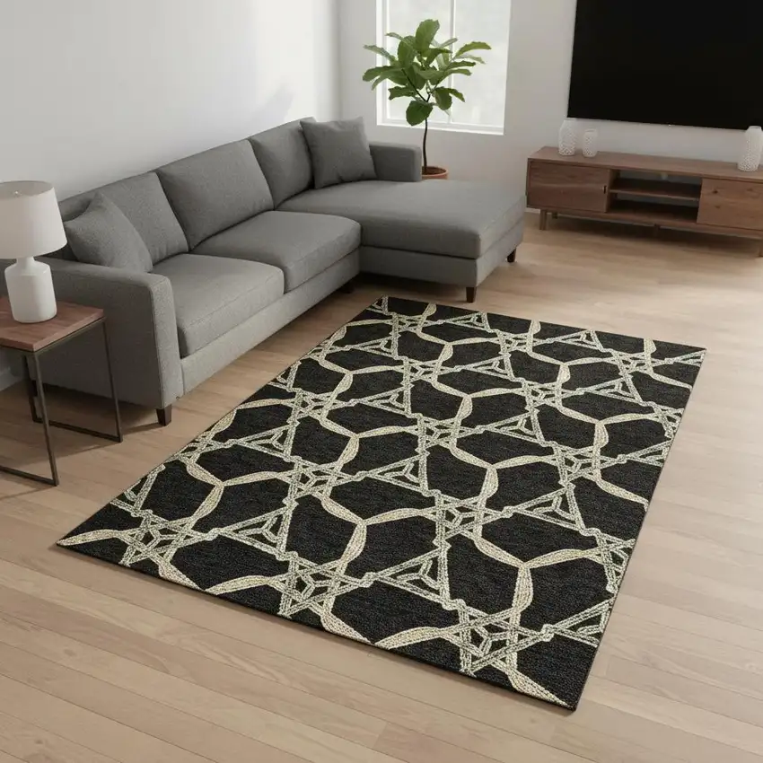 Black Beige And Ivory Geometric Washable Area Rug With UV Protection Photo 2
