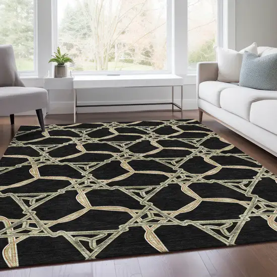 Black Beige And Ivory Geometric Washable Area Rug With UV Protection Photo 5