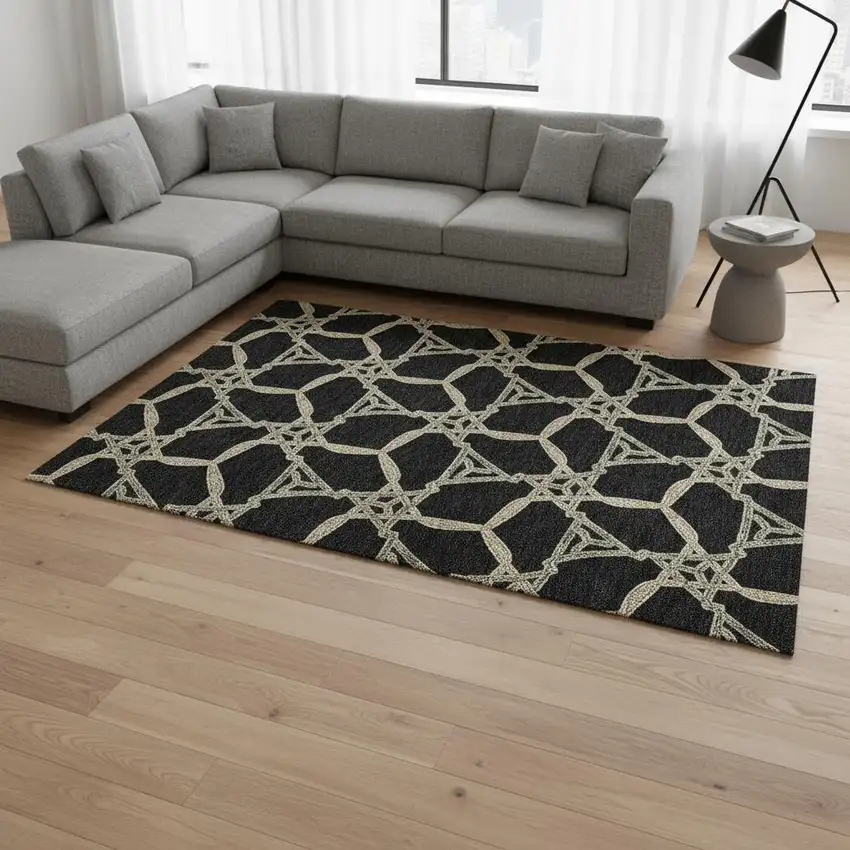 Black Beige And Ivory Geometric Washable Area Rug With UV Protection Photo 2