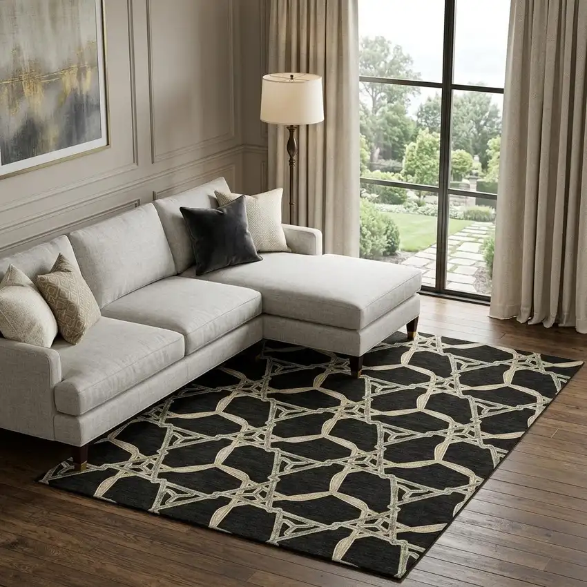 Black Beige And Ivory Geometric Washable Area Rug With UV Protection Photo 1