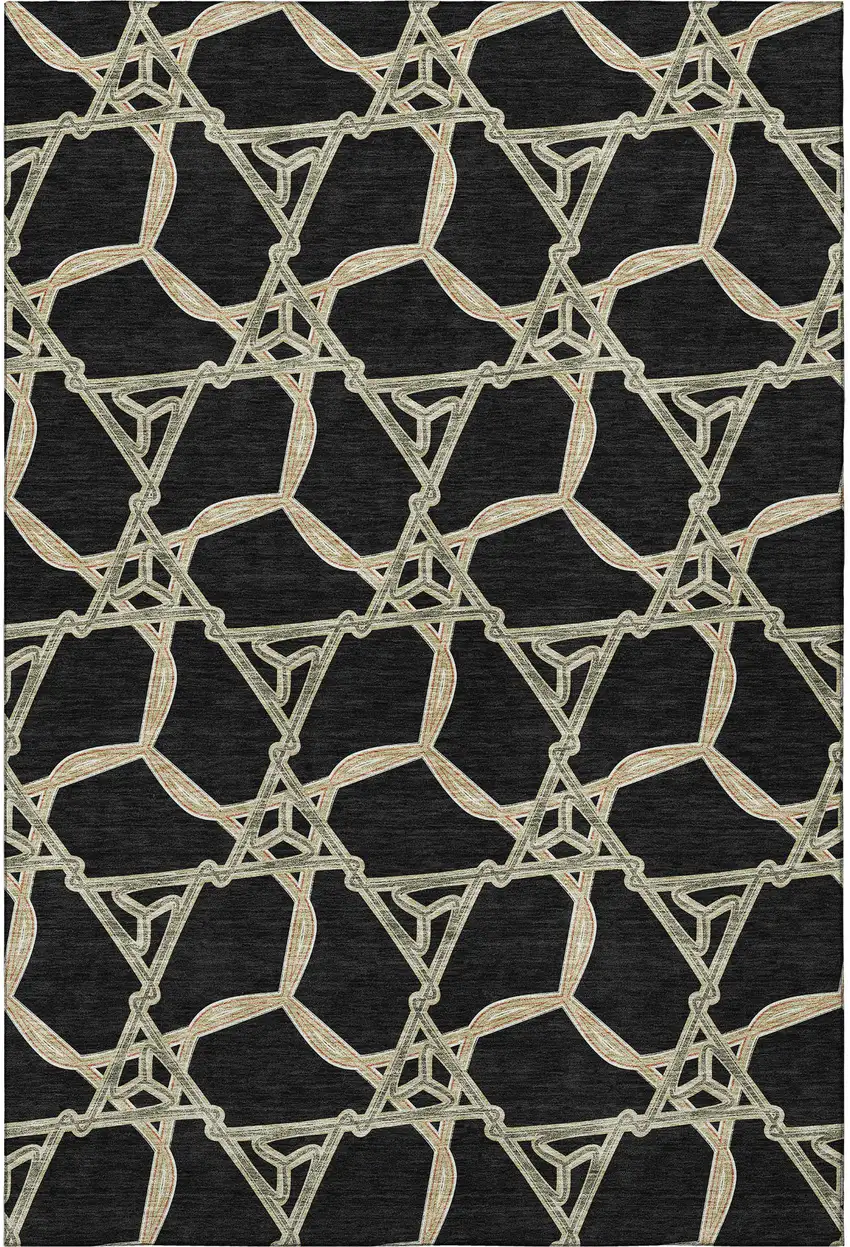 Black Beige And Ivory Geometric Washable Area Rug With UV Protection Photo 3