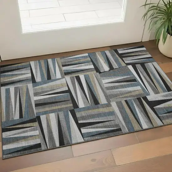 Black Beige And Ivory Geometric Washable Area Rug With UV Protection Photo 2