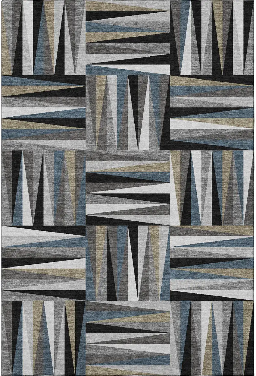 Black Beige And Ivory Geometric Washable Area Rug With UV Protection Photo 3