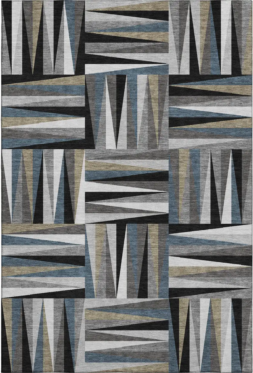 Black Beige And Ivory Geometric Washable Area Rug With UV Protection Photo 1