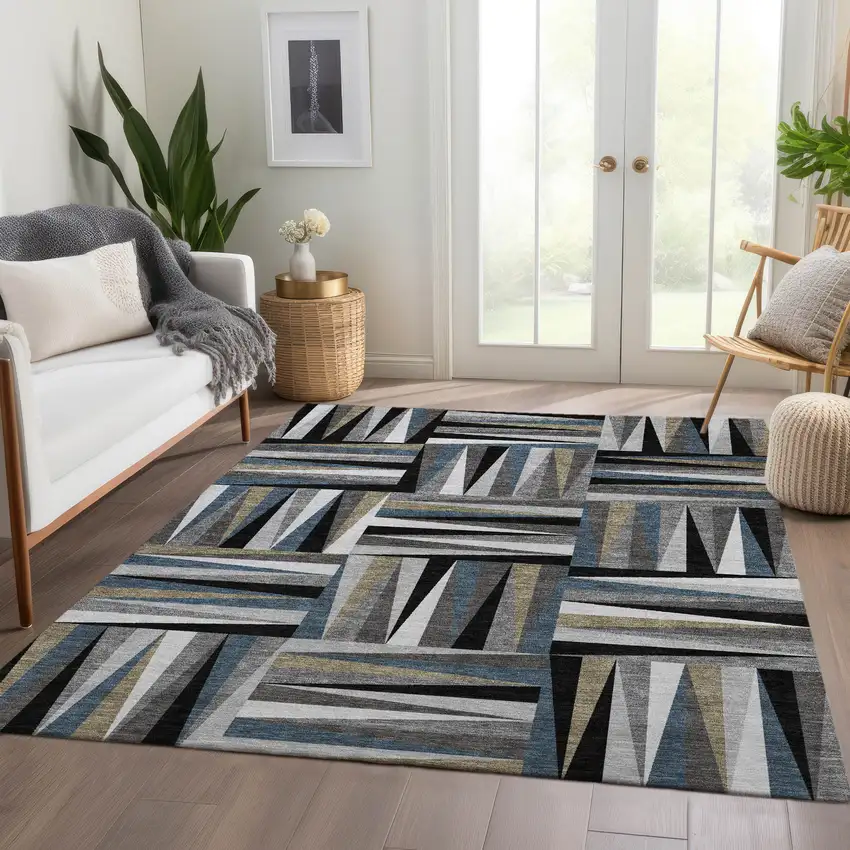 Black Beige And Ivory Geometric Washable Area Rug With UV Protection Photo 5