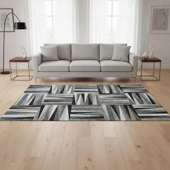 Black Beige And Ivory Geometric Washable Area Rug With UV Protection Photo 2