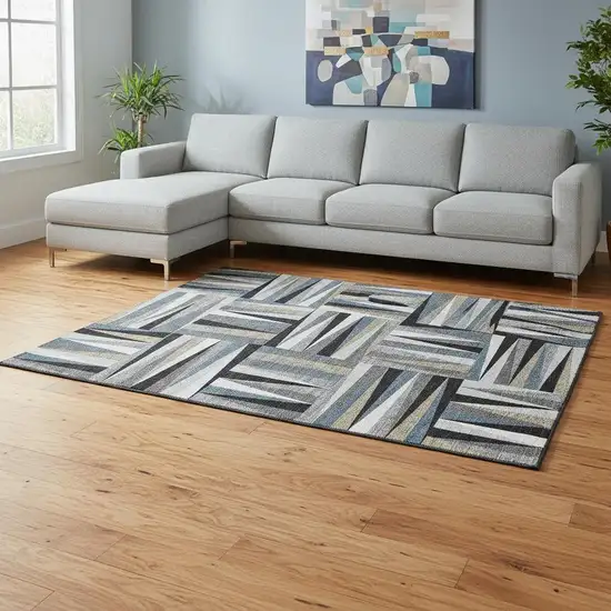 Black Beige And Ivory Geometric Washable Area Rug With UV Protection Photo 2