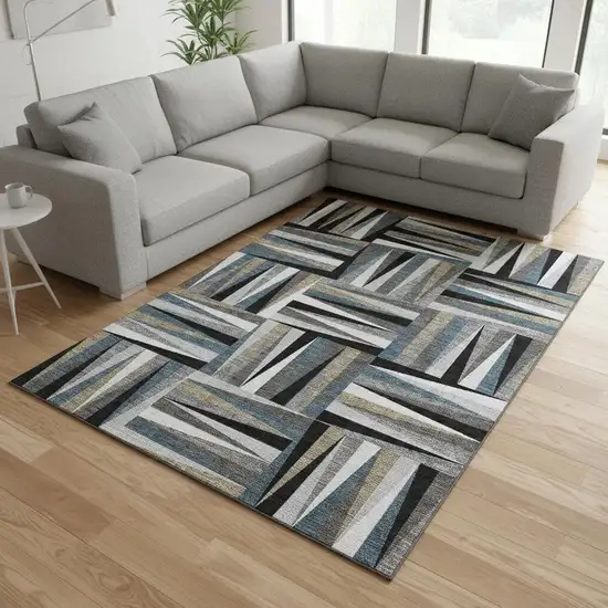 Black Beige And Ivory Geometric Washable Area Rug With UV Protection Photo 2
