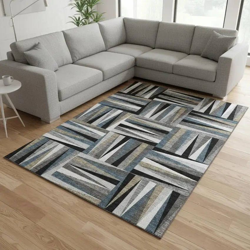 Black Beige And Ivory Geometric Washable Area Rug With UV Protection Photo 2