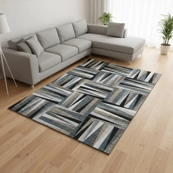 Black Beige And Ivory Geometric Washable Area Rug With UV Protection Photo 2