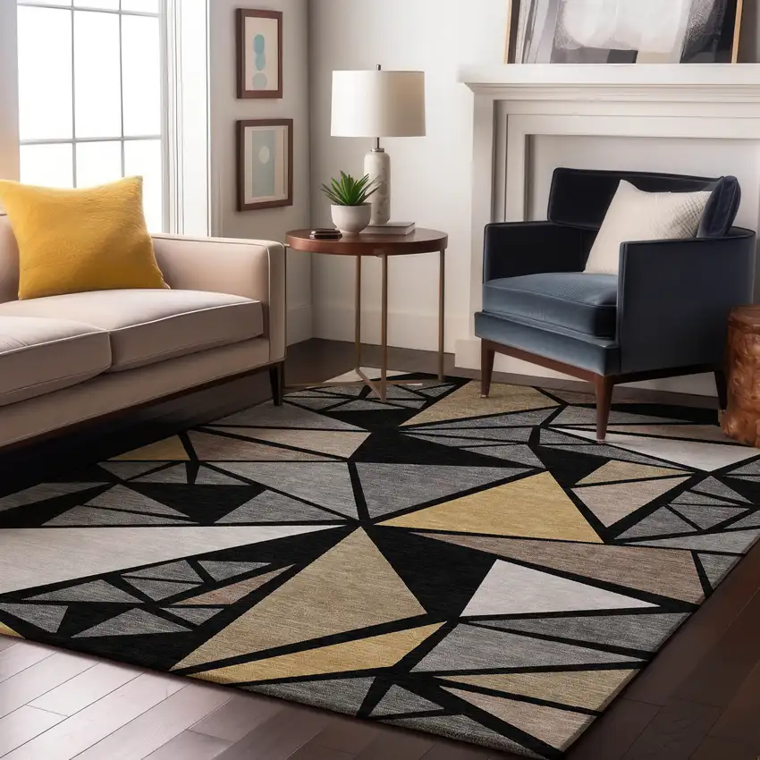 Black Beige And Ivory Geometric Washable Area Rug With UV Protection Photo 3