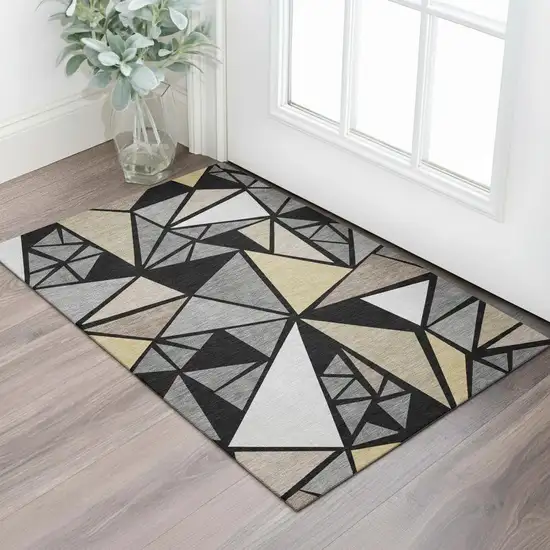 Black Beige And Ivory Geometric Washable Area Rug With UV Protection Photo 2