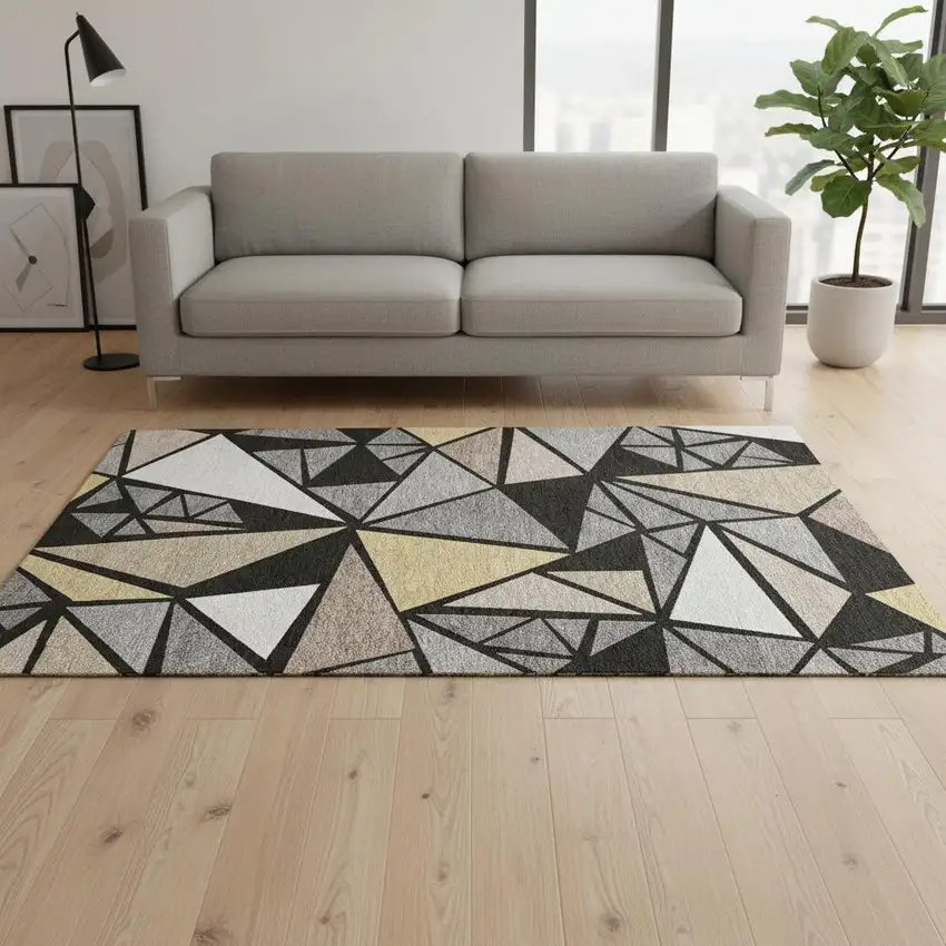 Black Beige And Ivory Geometric Washable Area Rug With UV Protection Photo 2