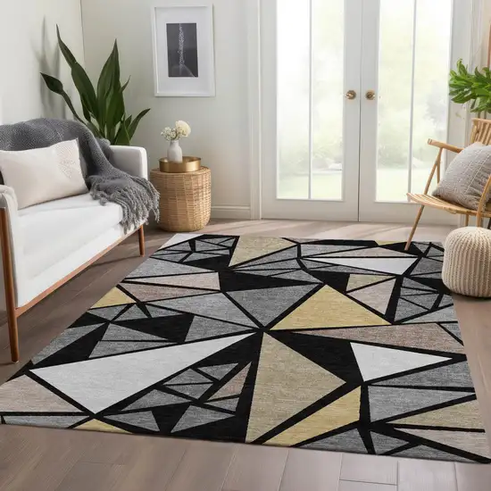 Black Beige And Ivory Geometric Washable Area Rug With UV Protection Photo 5