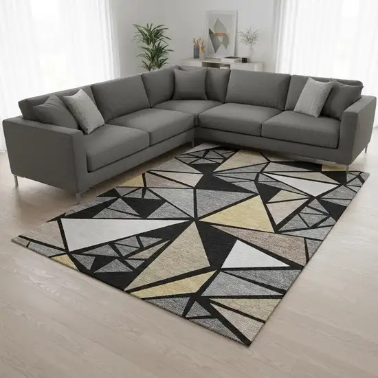 Black Beige And Ivory Geometric Washable Area Rug With UV Protection Photo 2