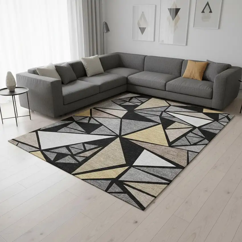 Black Beige And Ivory Geometric Washable Area Rug With UV Protection Photo 2