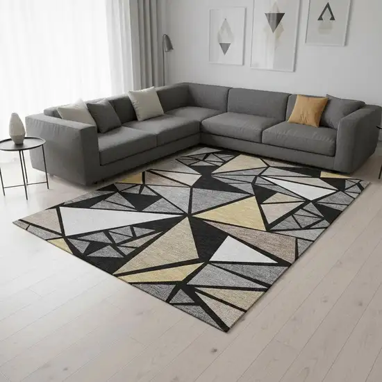 Black Beige And Ivory Geometric Washable Area Rug With UV Protection Photo 2